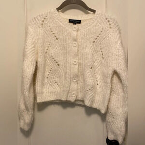NWOT Central Park west small fuzzy ivory button cable knit cardigan crop soft